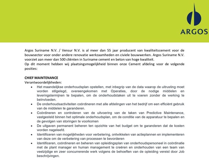 Read more about the article Vacature Argos Suriname N.V. Maintenance