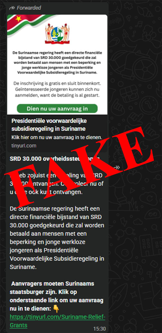 Read more about the article Misleidend bericht over bijstandsregeling van SRD 30.000