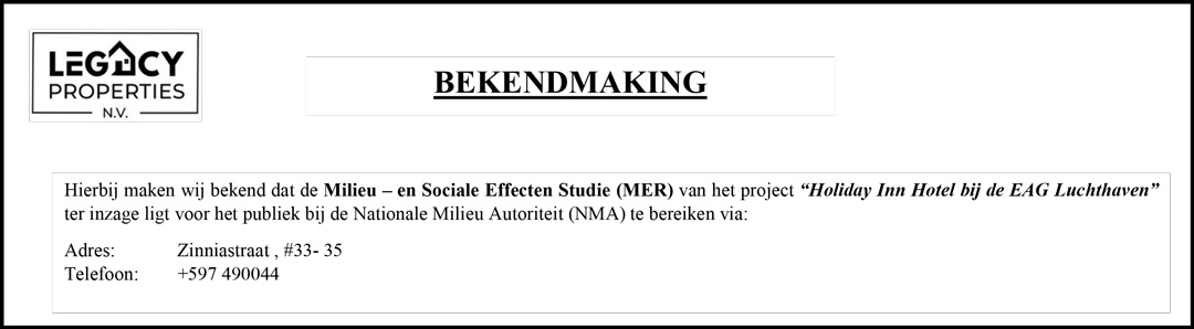 Read more about the article BEKENDMAKING: Milieu – en Sociale Effecten Studie “Holiday Inn Hotel bij de EAG Luchthaven”