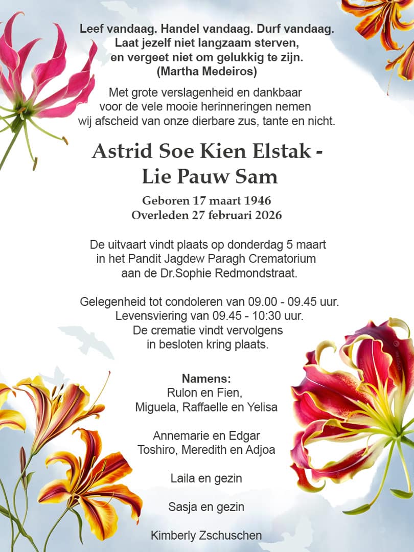 Read more about the article Overlijdingsbericht-Astrid Soe Kien Elstak- Lie Pauw Sam
